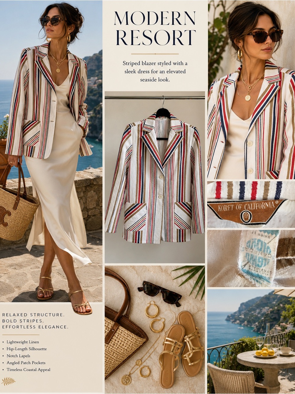 Vintage Koret of California Striped Blazer Jacket Red Navy Tan Resort Coastal